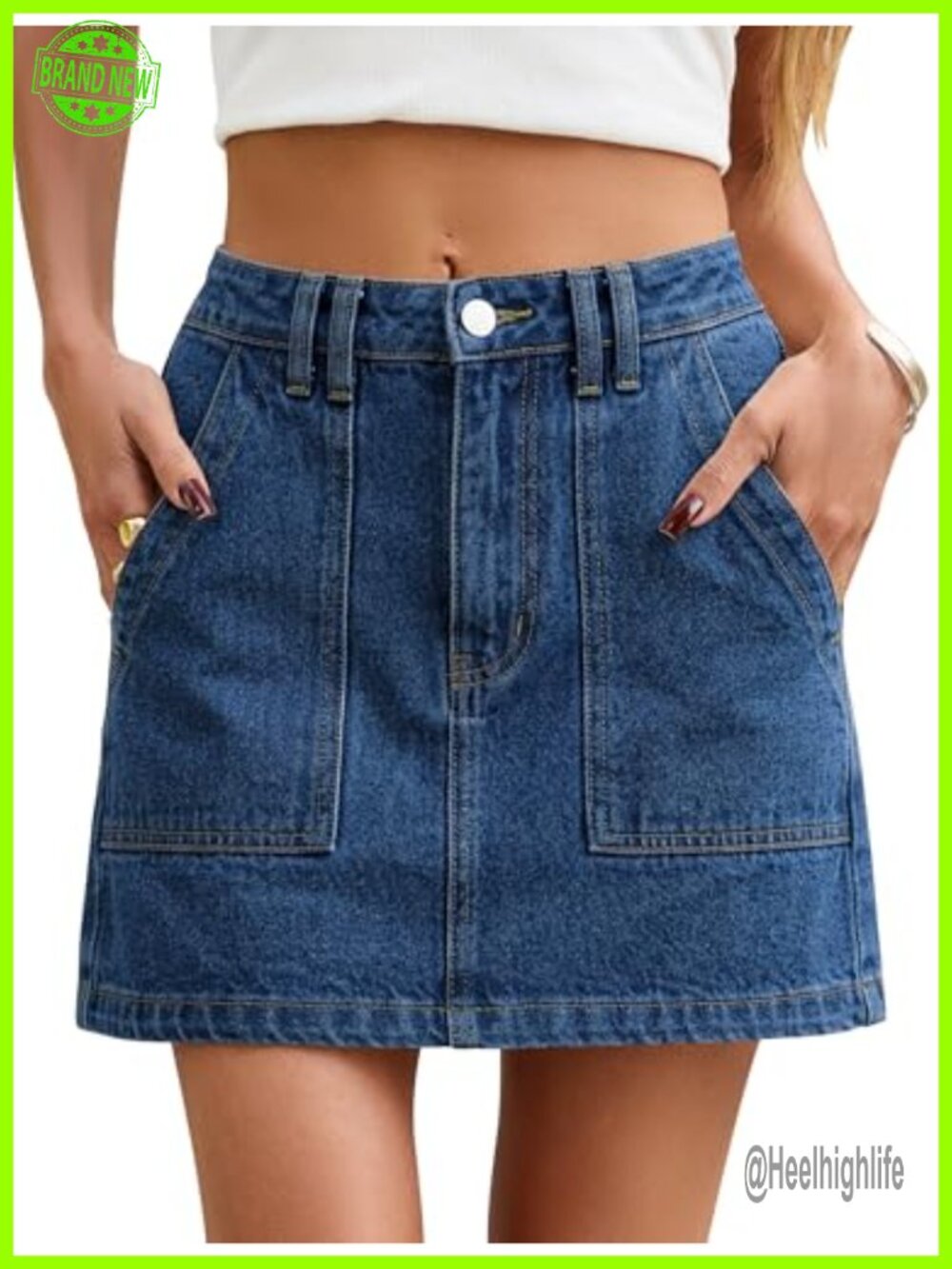 High Waisted Denim Mini Skirt Stretch Cotton Pockets